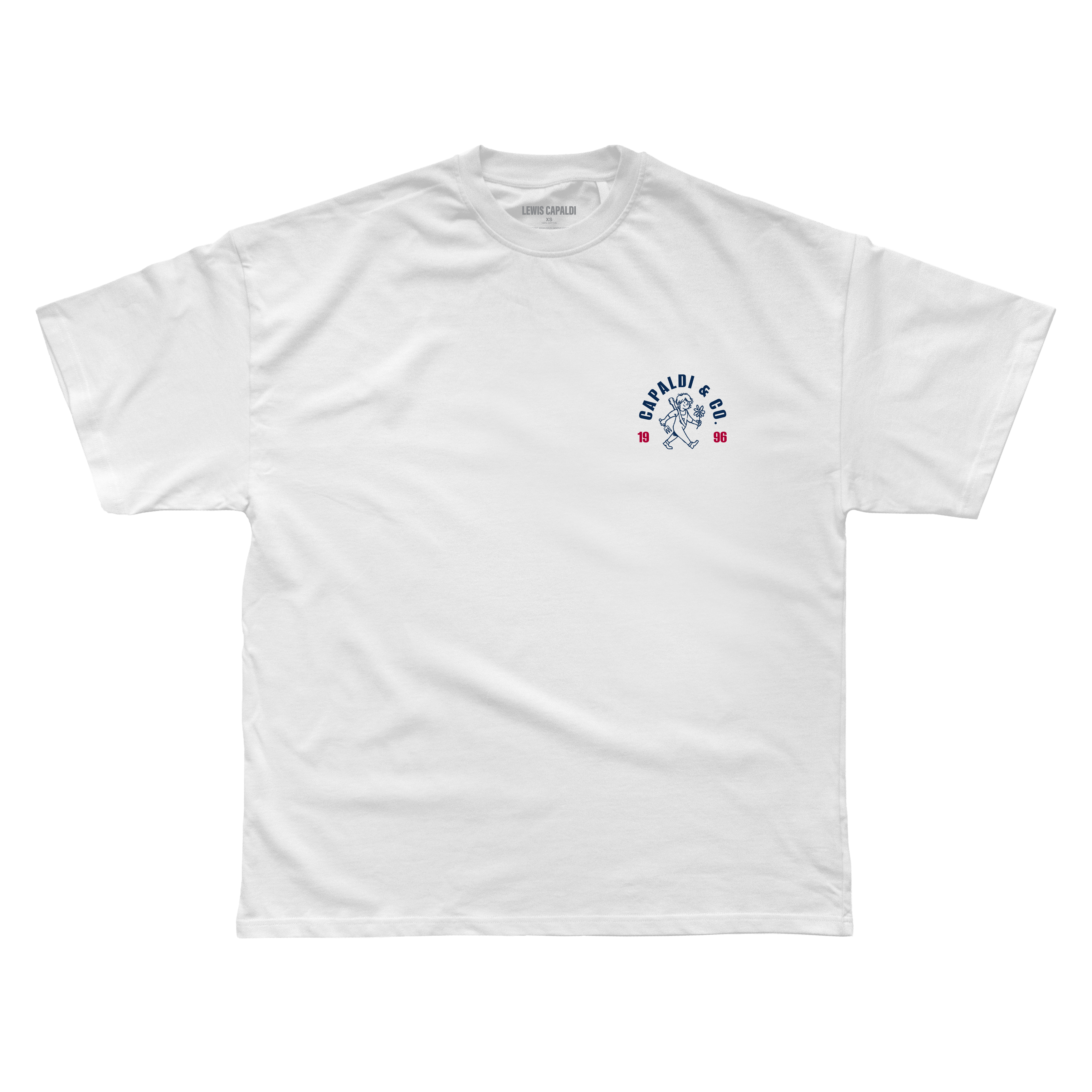 White t-shirt with a logo on the chest against a white background