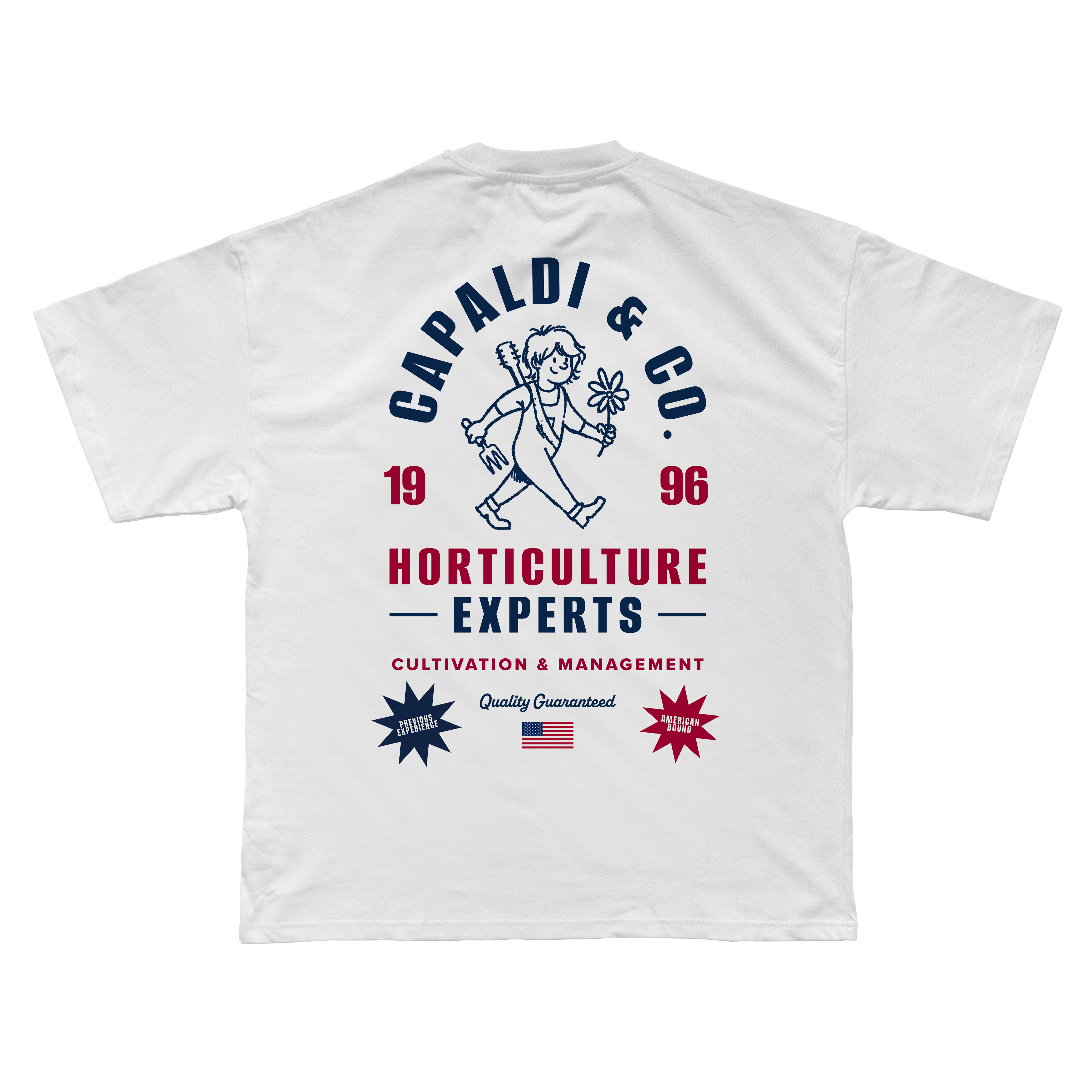 White t-shirt with 'Capaldi & Co. Horticulture Experts' design on a white background